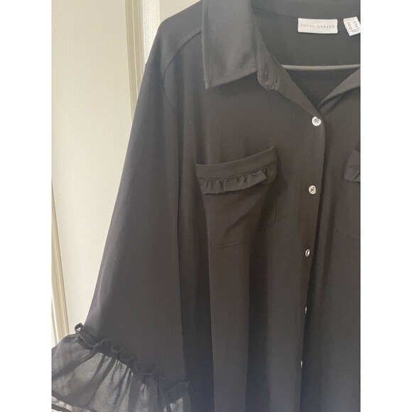 Susan Graver Women’s Size Large Black Blouse Ruffle Trim Career - Picture 6 of 9